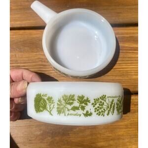 Vintage Glasbake McKee Green Herbs Handled Soup Bowls J-2639 Ovenware Milk Glass